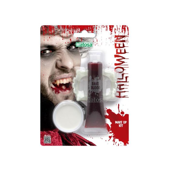 Maquillaje Halloween Dentadura Vampiro con Sangre Falsa 30ml y Maquillaje Facial Blanco - Kit Completo para Disfraz