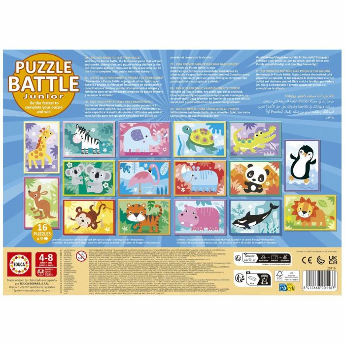 Educa EDU1747456973337 Puzzle Battle Jr Animales 16 puzzles de 9 piezas, para niños a partir de 4 años 3