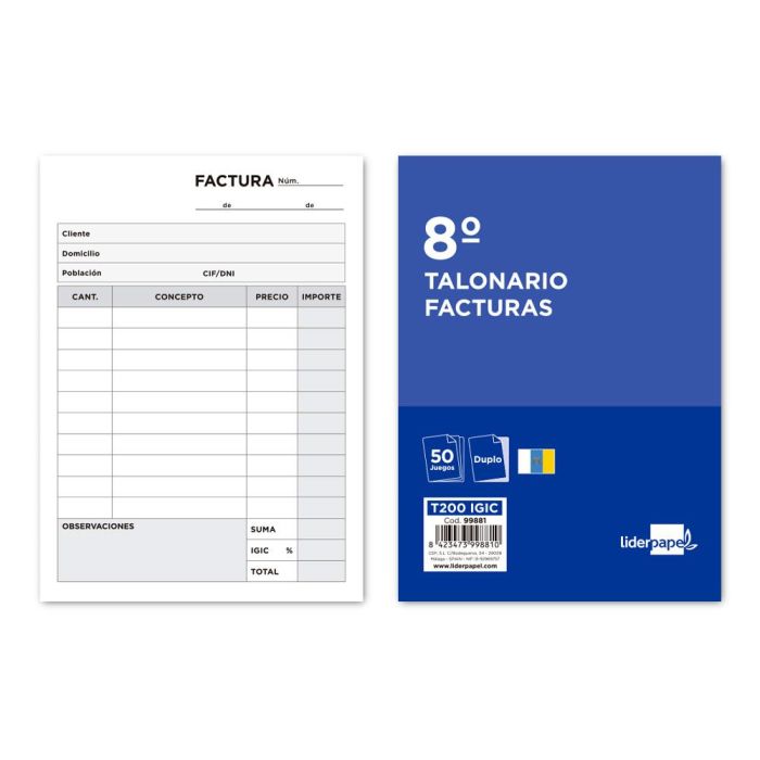 Talonario Liderpapel Facturas 8º Original Y Copia 200 Con I.G.I.C 10 unidades