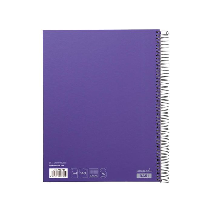 Cuaderno Espiral Liderpapel A4 Micro Jolly Tapa Forrada 140H 75 gr Cuadro 5 mm 5 Bandas 4 Taladros Color Lila 2