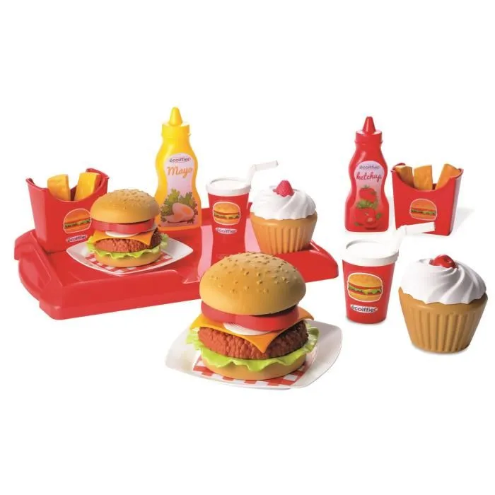 Ecoiffier Conjunto de Hamburguesas para Llevar con Refrescos, Papas Fritas y Tortas Ecoiffier Conjunto de Hamburguesas para Llevar con Refrescos, Papas Fritas y Tortas