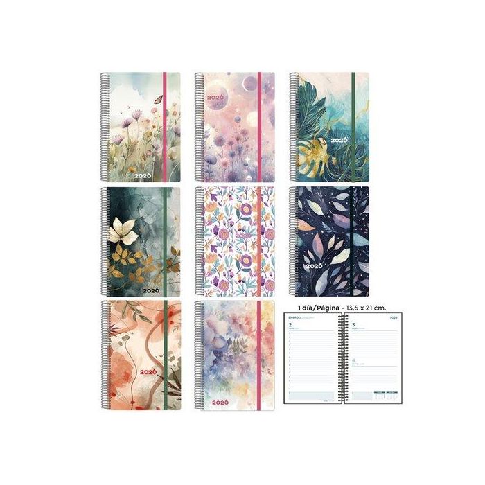 Agenda Anual (2026) Senfort Decorada Espiral Tapa Pp Con Goma 135X210 D/P Surtido De 8
