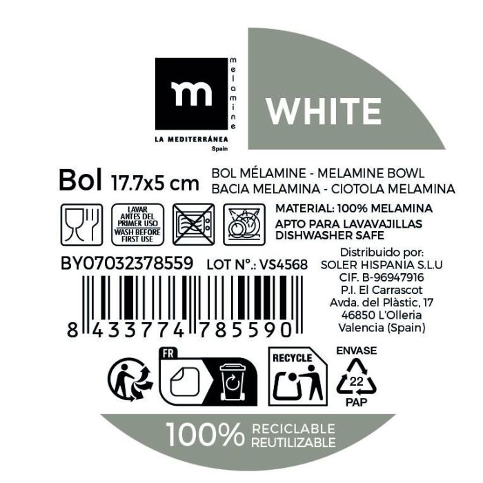 Bol de melamina mate blanco 17.7 x 5 cm La Mediterranea - Inde (12 Unidades) 1 Bol de melamina mate blanco 17.7 x 5 cm La Mediterranea - Inde (12 Unidades) 1