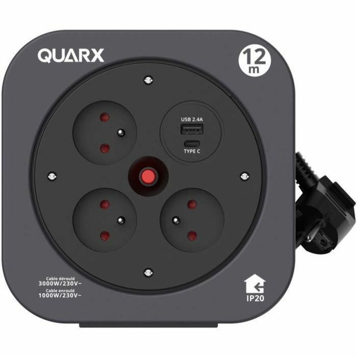 Quarx QUA1719191081312 Carrete S-Box 12m 3 Tomas 16A USB Tipo A y C