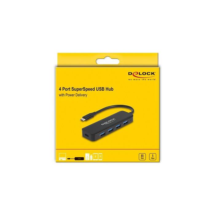 DeLOCK Hub USB-C 4 Puertos USB 3.2 Gen 1 + 1 USB-C con Power Delivery de 85W, Negro, Metal - Hub USB Tipo C con 5 Puertos y Carga Rápida 3