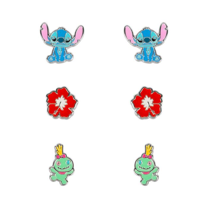 Disney Set 3 Pares Pendientes Stitch, Scrump y Flores Rojos Bañados en Plata