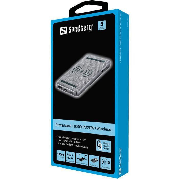 Sandberg Powerbank 10000 PD20W+Wireless Batería Secundaria Inteligente Carga Inalámbrica QI Puerto USB-C QC 3.0 1