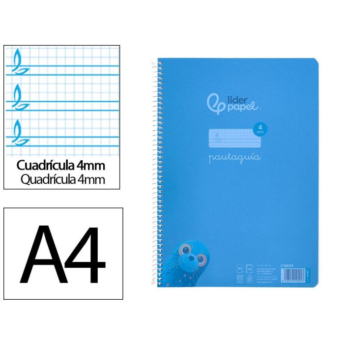 Cuaderno Espiral Liderpapel Din A4 Pautaguia Tapa Plastico80H 90 gr Cuadro Pautado 4 mm Con Margen Color Azul 5 unidades