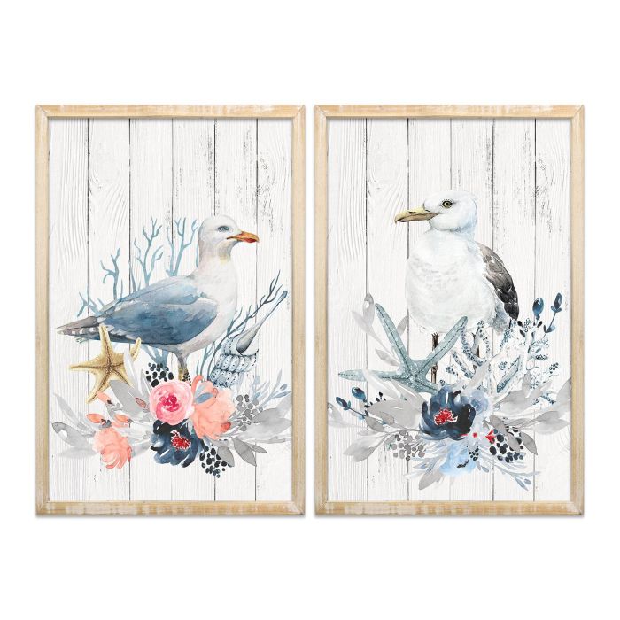 DKD Home Decor Cuadro Decorativo Estilo Mediterráneo con Gaviota, Material MDF, Color Blanco, 60x40 cm, Profundidad 1.8 cm - Juego de 2 Unidades