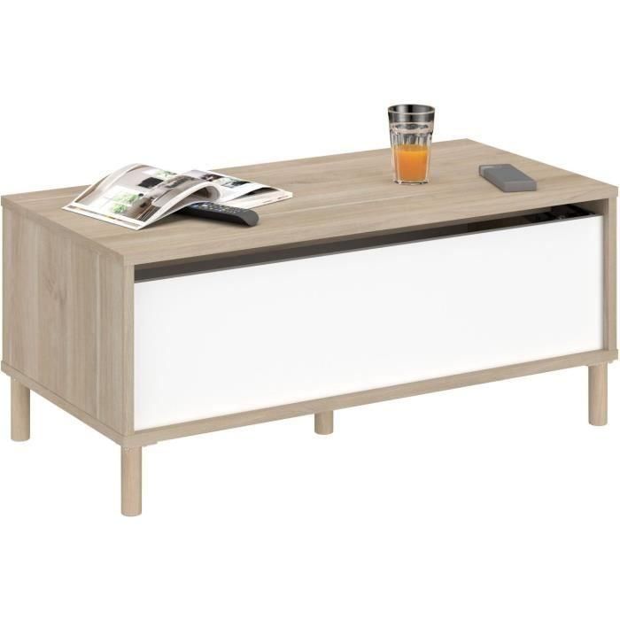 Mesa de centro elevable MORPHOS - L 100 x P 50 x H 43,6 cm - Rectangular - Decoración blanco/roble - PARISOT 4 Mesa de centro elevable MORPHOS - L 100 x P 50 x H 43,6 cm - Rectangular - Decoración blanco/roble - PARISOT 4