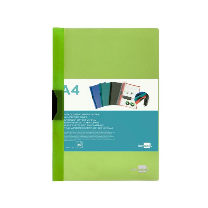 Carpeta Liderpapel Dossier Pinza Lateral Polipropileno Din A4 Verde Translucido 60 Hojas Pinza Deslizante 1