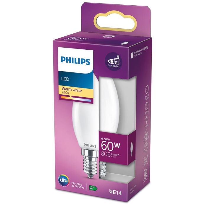 Bombilla vela led e14 6,5w 806lm 2700k luz calida ø3,5x9,7cm. philips 1