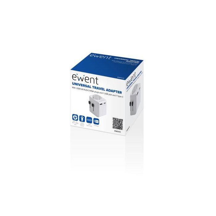Ewent EW1472 Adaptador de Viaje Universal Blanco | 1 Puerto USB-A y 1 USB-C | Alta Potencia | Compatible con más de 150 Países 1