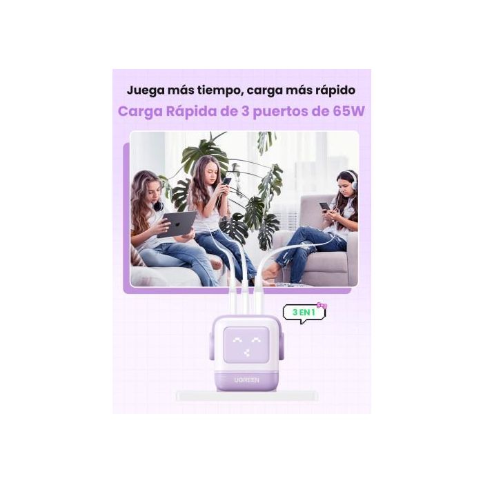 UGREEN 35291 Cargador Nexode RG 65W GaN 3 Puertos USB C/A Carga Rápida, Pantalla LED, Rosa 8