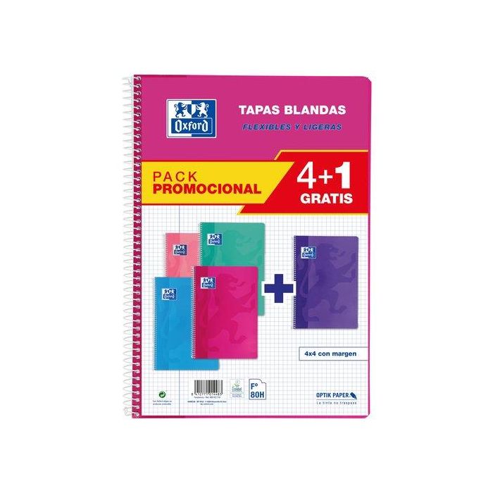 Oxford Cuaderno Espiral 80H Folio 4x4M C-Margen Tapa Blanda Pack 4+1 Ud C-Surtidos Tendencia