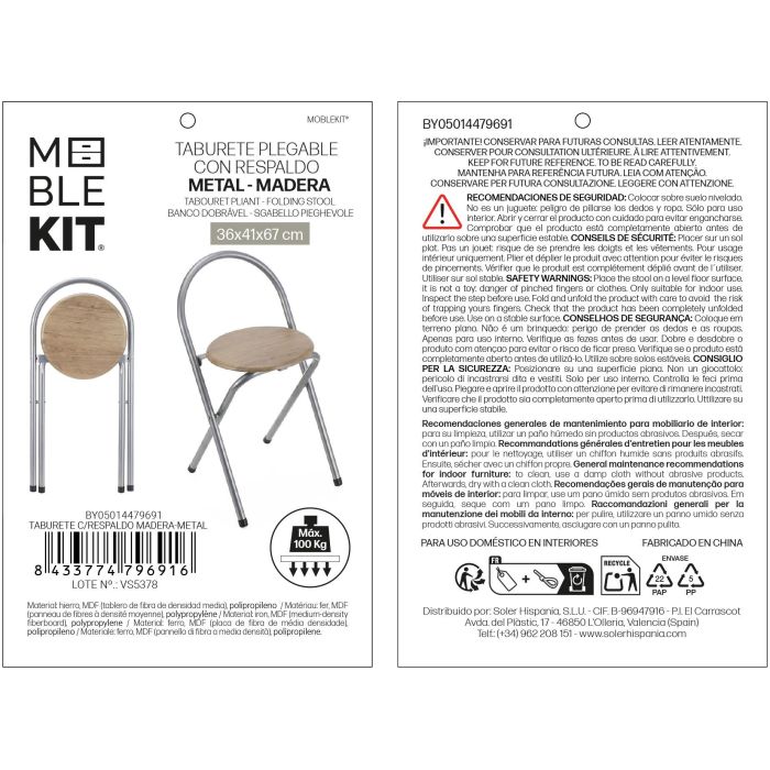 Inde Taburete con Respaldo Madera-Metal 36x41x67 cm 13,21 kg (6 Unidades) 8