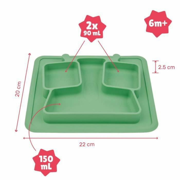 Badabulle Plato dividido antideslizante, 4m+ - Silicona alimentaria flexible, bordes redondeados, 3 compartimentos 1
