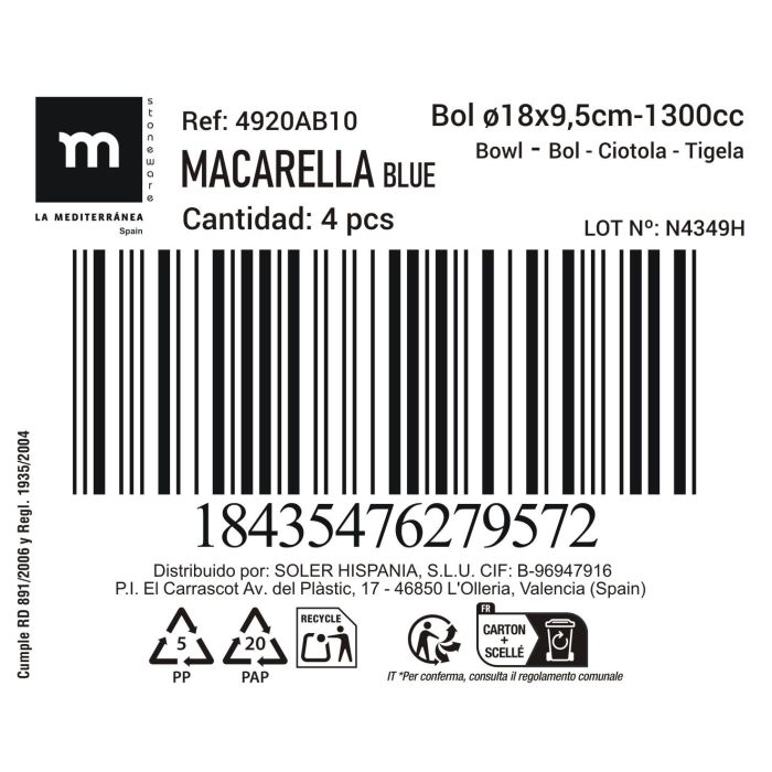 Bol Macarella Blue 1300 ml - 18 x 9.5 cm - Inde (16 Unidades) 1 Bol Macarella Blue 1300 ml - 18 x 9.5 cm - Inde (16 Unidades) 1