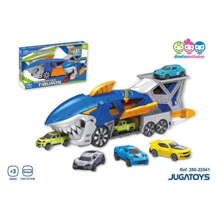 Camión tiburón portacoches, incluye 3 coches, 33x11x7cm 2
