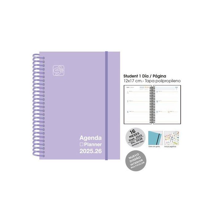 Agenda Anual (2025-26) Senfort 16 Meses Iki Unicolor Espiral Tapa Pp Con Goma 155X215 S/V Pastel Lila