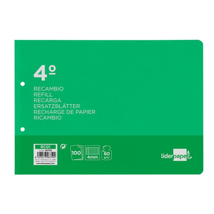 Recambio Liderpapel Cuarto Apaisado 100 H 2Tca-01 Cuadro 4 mm 2 Taladros Con Margen 1