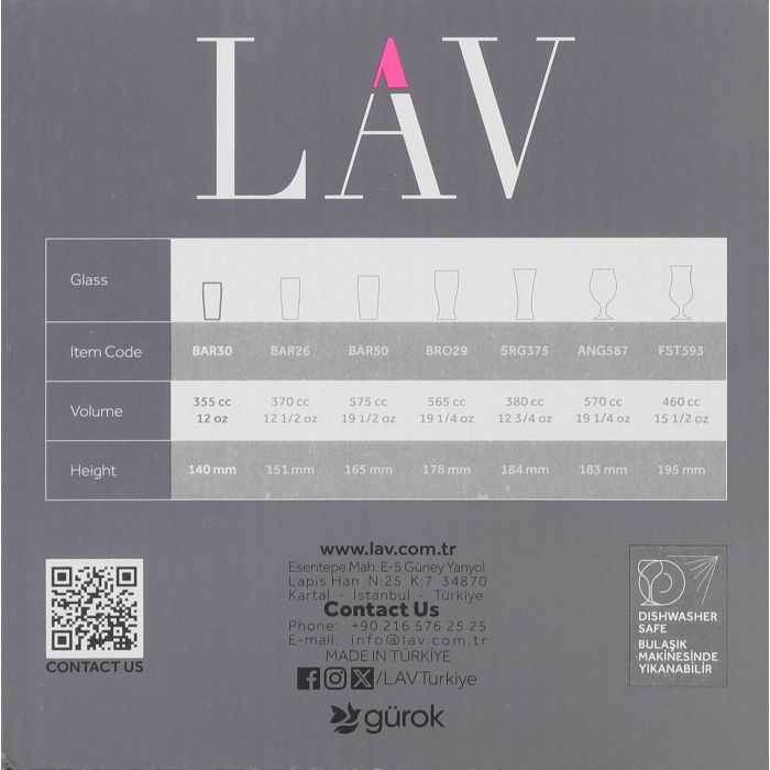 LAV Set 6 Vasos Cerveza 350 cc con 6.5 cm Ancho, 14 cm Alto, 6.5 cm Largo (8 Cajas)