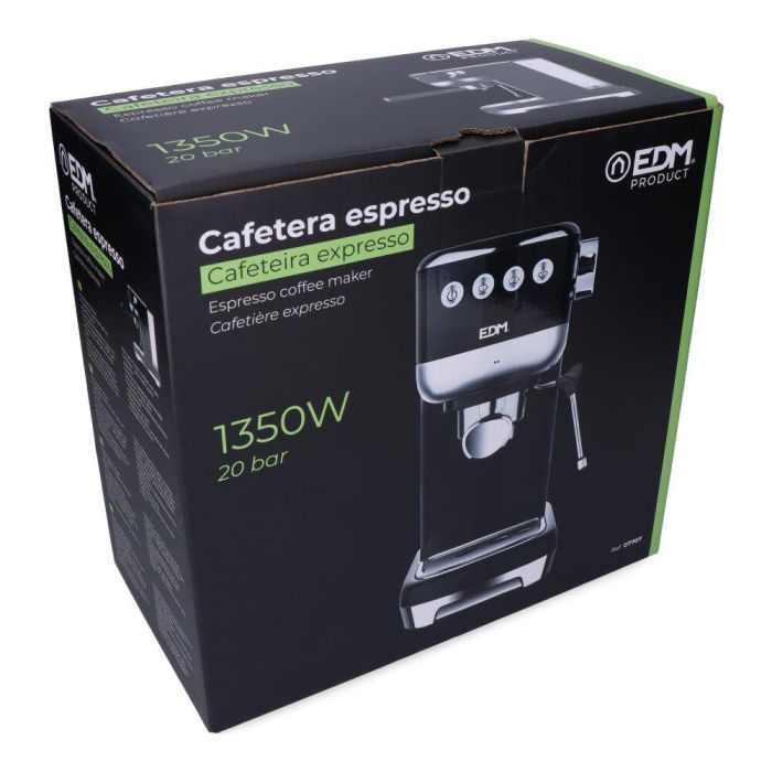 Edm Cafetera Espresso 20 Bares Depósito 1,3L Vaporizador Parada Automática Función Una y Dos Tazas Panel LED Acero Inoxidable Negro 3