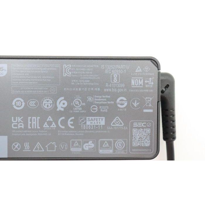 Lenovo 65W power adapter for notebooks, supports 20/15/9/5V output, 3-pin configuration, designed for worldwide use. 4