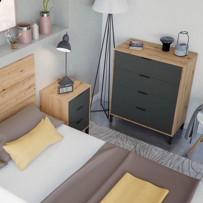 CALICOSY - Cómoda de 4 cajones con decoración en roble nudoso y gris antracita - L77,5 cm - Madera clara 1