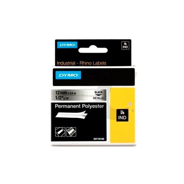 Dymo Rhino Cinta De Etiquetas Industrial Adhesiva Id1-12, Negro Sobre Plateado De 12 mmx5´5M, Poliester S0718180 Dymo Rhino Cinta De Etiquetas Industrial Adhesiva Id1-12, Negro Sobre Plateado De 12 mmx5´5M, Poliester S0718180