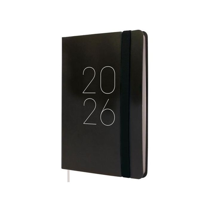 Finocam F4-118x168 mm Svh Agenda Flexi Lisa Tapa Blanda Negra 2026 con Goma Elástica y Cinta Punto Esquinas Microperforadas
