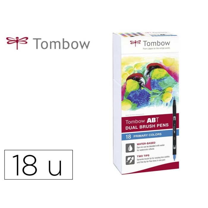 Rotulador Tombow Abt Dual Brush Acuarelable Doble Punta Fina-Pincel Estuche De 18 Colores Primarios