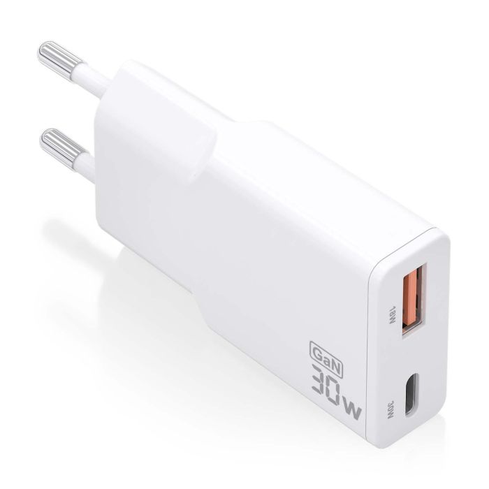 AISENS - CARGADOR GaN ULTRA DELGADO 30W, 1xUSB-C PD3.0 QC4.0, 1xUSB-A QC3.0, BLANCO