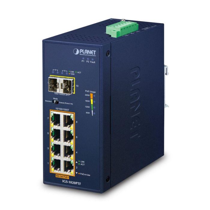 Planet IGS-1020PTF Switch Industrial No Gestionado 8 Puertos PoE+ Gigabit 802.3at + 2 SFP, IP30, -40 a 75°C, 240W PoE