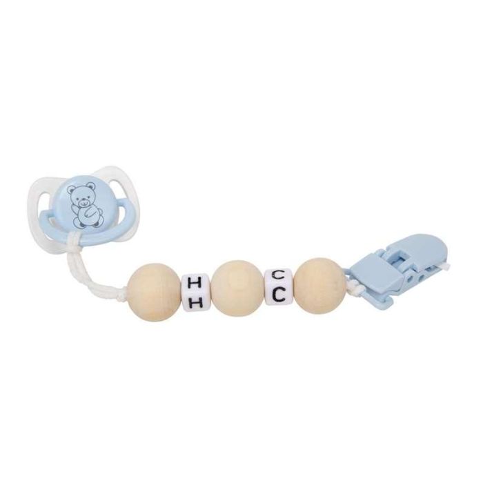 Set chupete azul/blanco c/cadena de bolas de madera y pinza blanca 1 Set chupete azul/blanco c/cadena de bolas de madera y pinza blanca 1