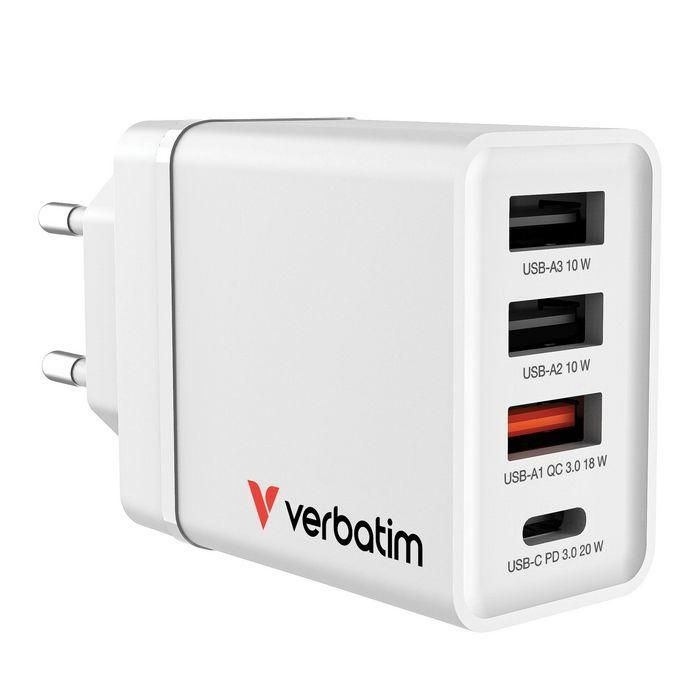 Verbatim Cargador Pared GaN 30W 4 Puertos USB-C PD 3.0 y USB-A QC 3.0 con Protecciones 5