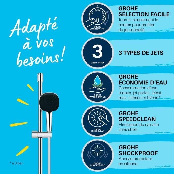 Set de ducha con rociador de 3 chorros, barra de 90 cm y flexo - GROHE Vitalio Comfort 110 26932001 - Ahorro de agua - Cromo 3 Set de ducha con rociador de 3 chorros, barra de 90 cm y flexo - GROHE Vitalio Comfort 110 26932001 - Ahorro de agua - Cromo 3