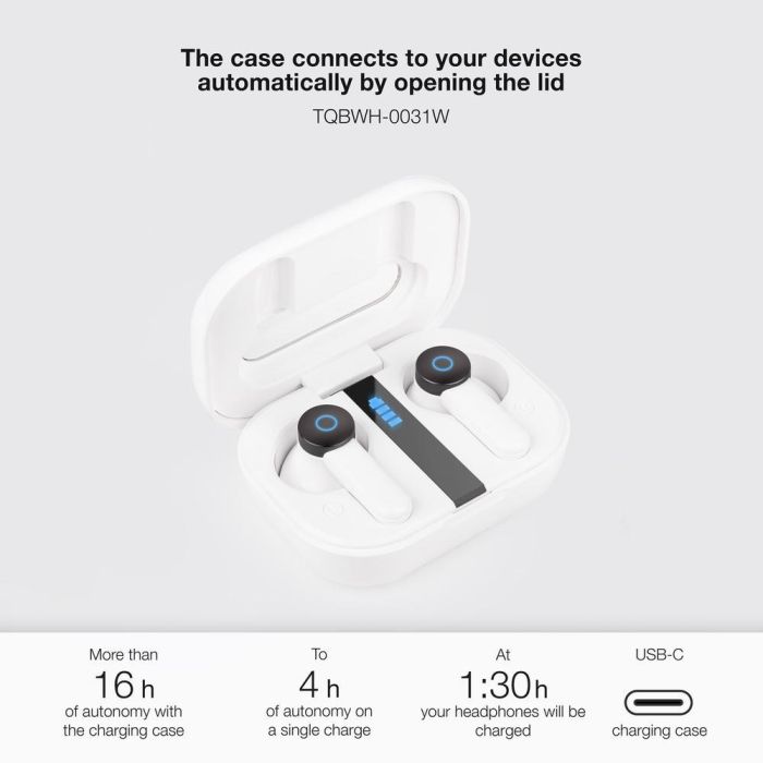 TooQ TQBWH-0031W Auriculares Inalámbricos Bluetooth 5.1 con Micrófono y Estuche de Carga USB-C, Autonomía 18h, Blancos 1 TooQ TQBWH-0031W Auriculares Inalámbricos Bluetooth 5.1 con Micrófono y Estuche de Carga USB-C, Autonomía 18h, Blancos 1