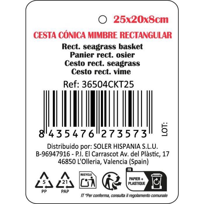Privilege Cesta Cónica de Mimbre Rectangular 25x20x8 cm, Colección Korne (24 Unidades) 2