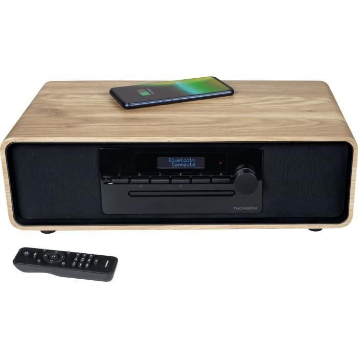 Microsistema Bluetooth - THOMSON - Madera/Negro - Radio FM/DAB+/CD/MP3/USB/Inducción, 75W, Pantalla LCD, Mando a distancia, Fuente de alimentación. 230V