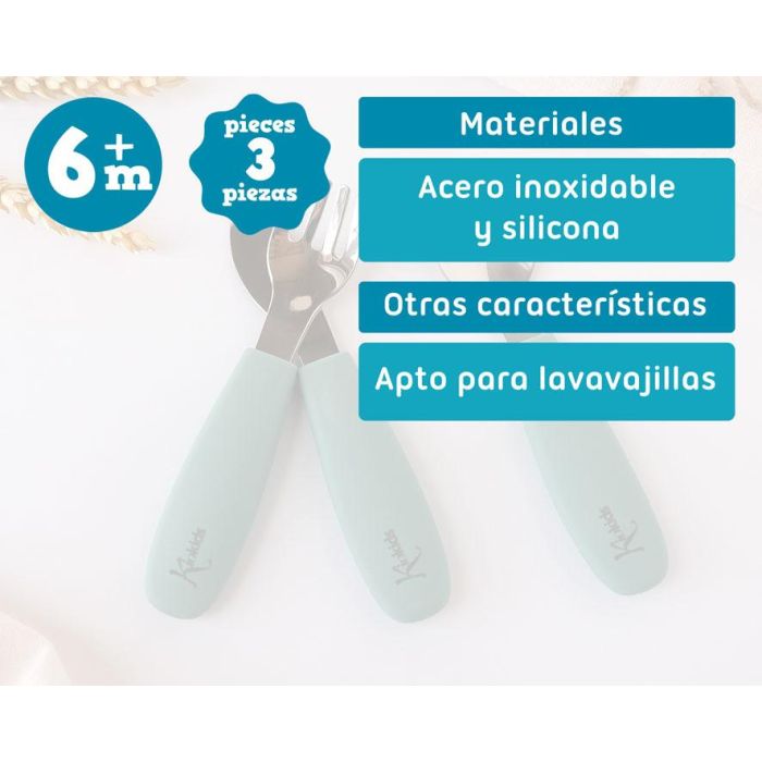 KioKids Set Cubiertos Infantiles Acero Inoxidable Y Silicona Verde Salvia +6 Meses 5
