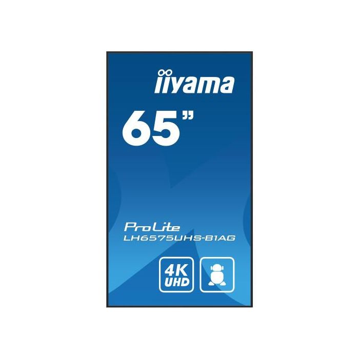 Monitor Iiyama 65" (LH6575UHS-B1AG)3840X2160, Uhd Ips Panel, Operacion 24/7 500Cd/M, Landscape Portrait, Signal Failover, Speakers 2X 10W, Multiple Inputs (Dvi-I (Vga), Hdmi 3X), Dp-Out , Usb 2.0 X2, Wifi, Lan, Media Play Usb Port, Control Lan / Rs23 2