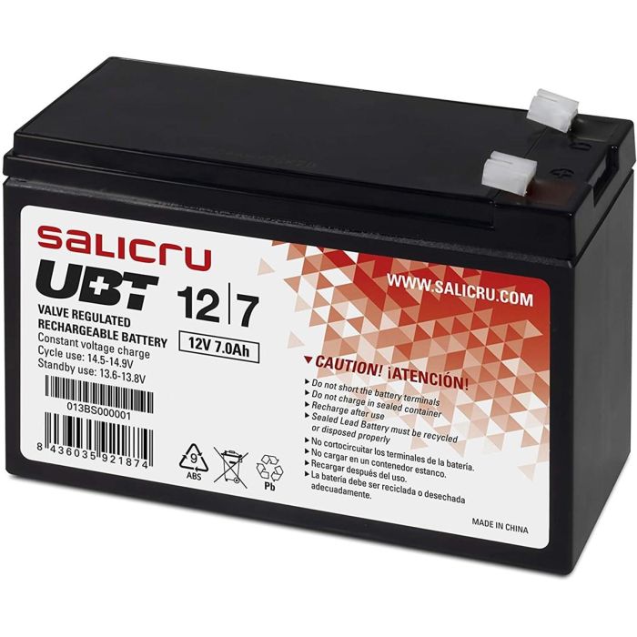 Salicru 013BS000001 Batería UPS/SAI VRLA AGM 12V 7Ah Serie UBT Acumulador Energía Sellado y Libre de Mantenimiento