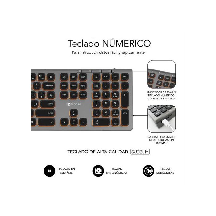 Subblim SUBKB-3MIE310 Teclado Inalámbrico Master Bluetooth 5.2 / 2.4G Multidispositivo 3 en 1, Retroiluminado, Numérico QWERTY ES 5 Subblim SUBKB-3MIE310 Teclado Inalámbrico Master Bluetooth 5.2 / 2.4G Multidispositivo 3 en 1, Retroiluminado, Numérico QWERTY ES 5