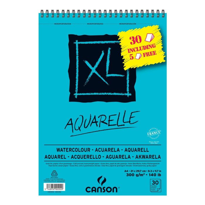 Canson Bloc Acuarela Aquarelle XL Espiral Fino 300 gr 21x29,7 cm - 25+5 Hojas (Pack 15 Unidades) (15 Unidades)