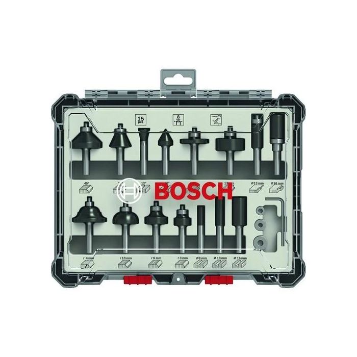 Bosch 2 607 017 472 Fresas para Madera, Set Mixto de Carburo de 8mm, 15 Piezas, Colores Negro, Acero Inoxidable, Blanco
