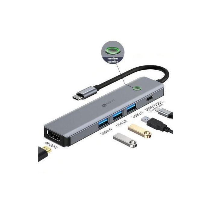 LEOTEC LEDS05 Docking Station USB-C 5 en 1 Base Portátil con Replicador de Puertos HDMI 4K, 3x USB 3.0, Carga PD 100W, Aluminio Gris