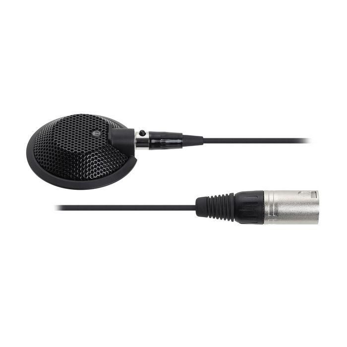 Audio-Technica Omnidirectional in hemisphere above mounting surface, 40-20,000 Hz, –35 dB (17.7 mV) re 1V at 1 Pa, 11-52V DC, 2 mA typical, TB3M-type 1