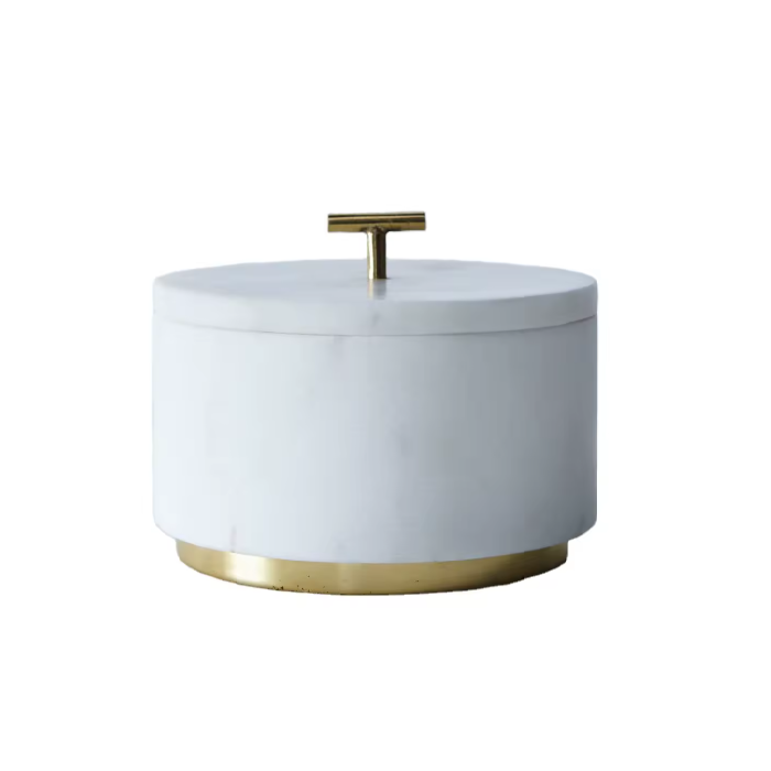 DKD Home Decor Salero Estilo Glam de Marmol y Laton en Blanco y Dorado, Colección Marmol 2025, Dimensiones 7.6x7.6x10 cm