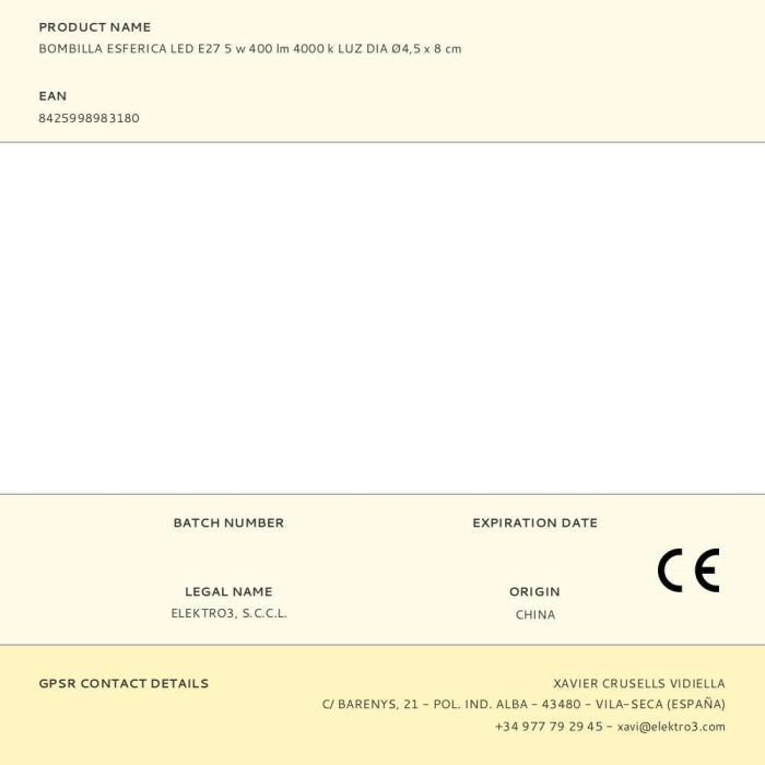 Edm Bombilla Esférica LED E27 5W 400lm 4000K Luz Día Ø4,5x8cm